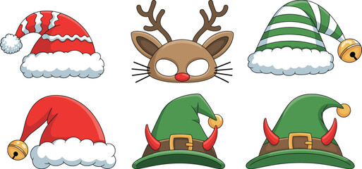 WebChristmas costume accessories, Santa hats, elf hats, reindeer mask, festive design, holiday theme, winter celebration, vector illustration, isolated, decorative © Mostofa