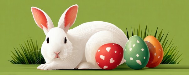 Obraz premium White rabbit resting beside colorful Easter eggs on green grass for spring celebration