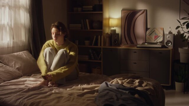 Full length shot of anxious young adult woman twisting ring on finger while sitting on bed hugging knees in sunlit bedroom