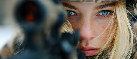 Obraz premium Close-up of a female soldier holding a weapon.