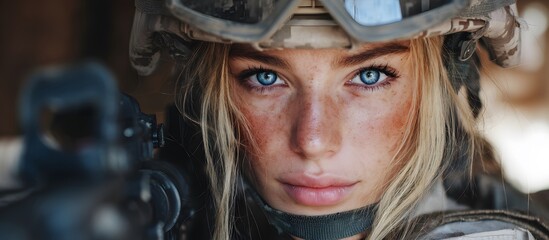 Obraz premium Close-up of a female soldier holding a weapon.