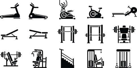 Collection of black and white icons representing various gym and fitness equipment for workout. © MohammadSakhawat