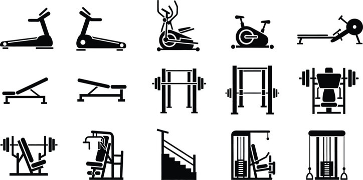 Collection of black and white icons representing various gym and fitness equipment for workout.