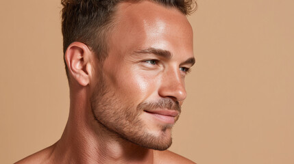 Obraz premium Handsome man with subtle fresh facial shine and warm spa light halo, calm expression and smooth skin in close up portrait