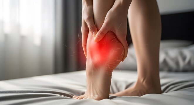 Woman massaging her painful heel with red glowing inflammation effect. Concept of plantar fasciitis, heel pain, and foot fatigue on bed