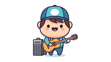 Fototapeta premium A cute cartoon character wearing a blue cap playing an acoustic guitar with a small amplifier box Vector