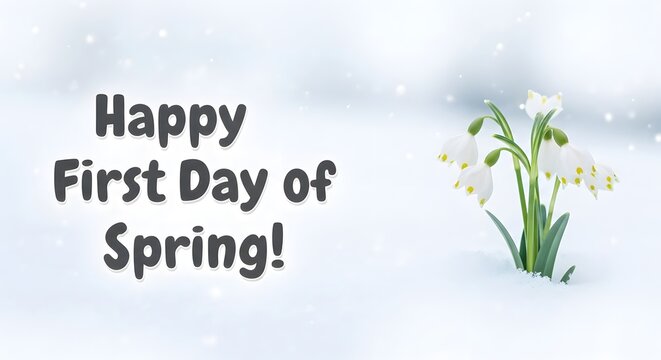 Happy first day of spring with blooming flowers in snow