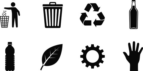 Recycling and waste management icons set, trash bin recycle symbol bottle leaf gear hand silhouettes, eco environment vector illustration collection