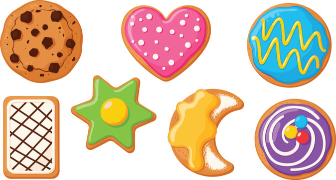 Set of various decorated cookies and biscuits featuring chocolate chips heart shape stars and colorful icing in vibrant cartoon style for bakery and dessert design.