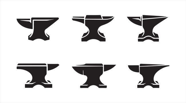 Blacksmith anvil silhouette icon set, forging metalworking tool symbols