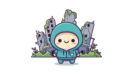 A cute cartoon character standing in front of the ruins of a city with overgrown green vegetation Vector © Diljan Stock