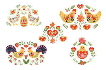 Folk art illustration showcases vibrant chickens and ducks surrounded by floral designs and hearts, ideal for seasonal decorations or cultural themes