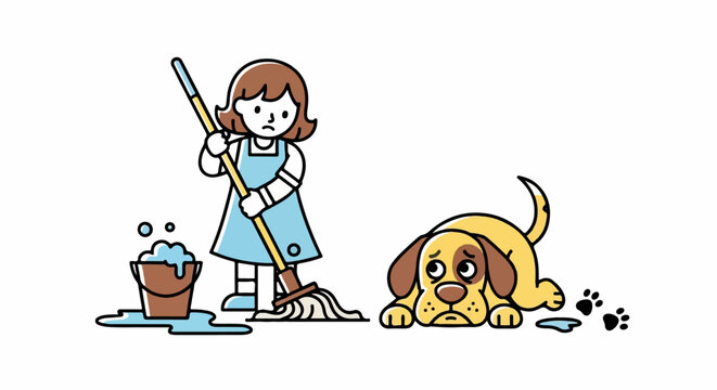 A worried person cleans up after a guilty dog tracks mud around the room