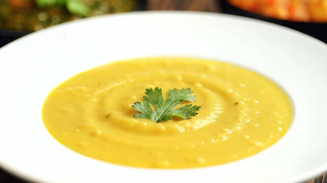 Creamy Yellow Lentil Dal Soup Garnished with Fresh Cilantro