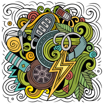 Vector illustration of electric vehicles, eco energy, charging stations, and green technology in a vibrant doodle style