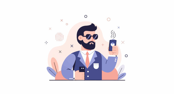 Bearded man in suit holding phone and coffee, surrounded by abstract shapes