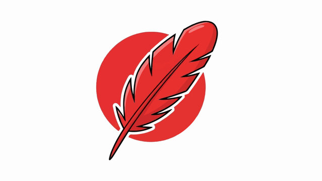 Stylized red feather symbol against a stark red circle on a white backdrop