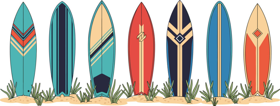 Set of various surfboard designs on sand with beach grass featuring colorful geometric patterns in cartoon style for summer surf design.