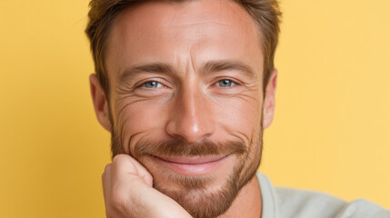 Fototapeta premium Smiling man with groomed beard and natural glowing skin resting chin on hand, relaxed portrait with warm yellow background conveying calm confidence and approachability