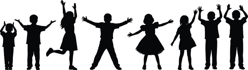Collection of happy children silhouettes raising hands and jumping isolated on white background, playful kids celebration poses, active childhood joy concept, boys and girls