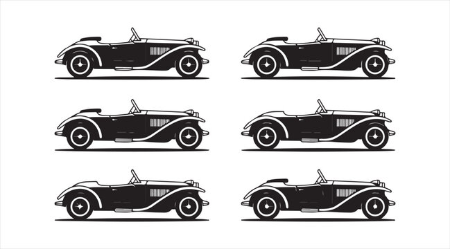 Vintage convertible car silhouettes set, classic retro automobile icon collection