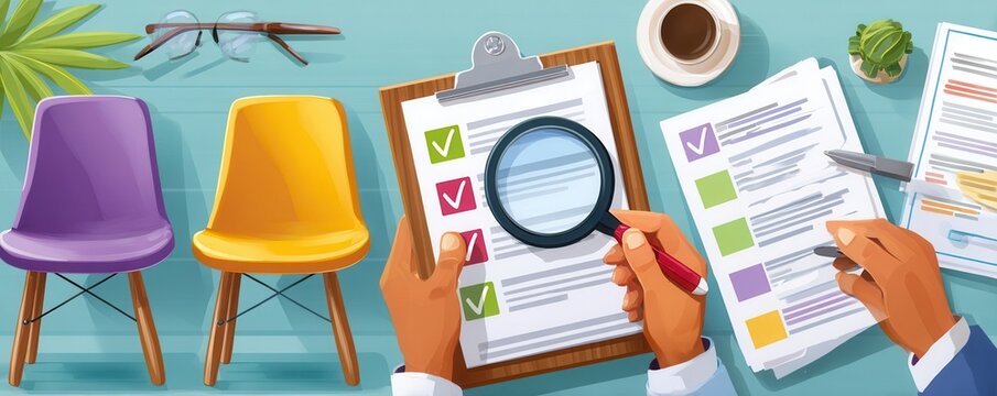 Hiring and candidate selection process with checklist, interviews and evaluation at office desk