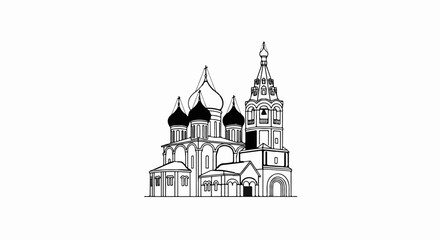 Obraz premium Detailed line art of a large, ornate cathedral with multiple domes and a bell tower