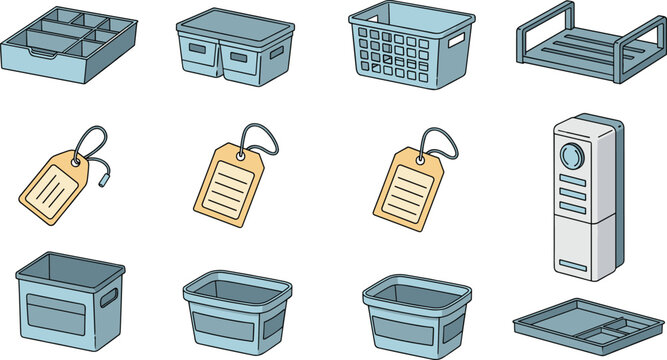Set of home organization and storage icons featuring plastic bins baskets drawer dividers and labels in blue cartoon style for decluttering design.
