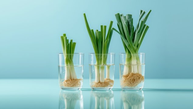 Three leek roots at varying growth stages in clear cups half-filled with water, highlighting changes in roots and leaves against a blue backdrop