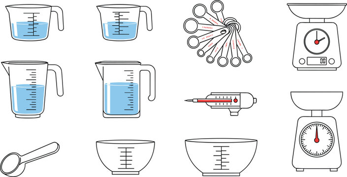 Set of kitchen measuring tool icons featuring measuring cups spoons scales and a thermometer in clean line art style for cooking and baking design.