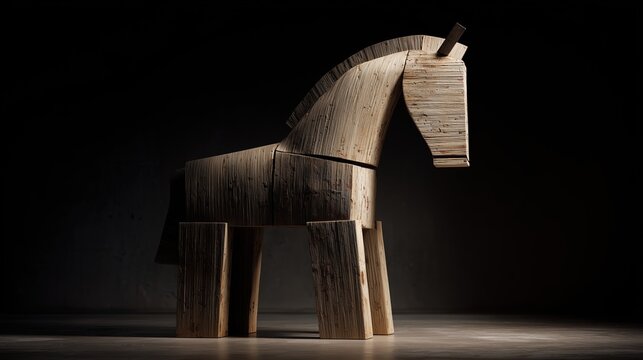 Cheval de Troie en bois sculpt&eacute; sur fond sombre avec &eacute;clairage dramatique
