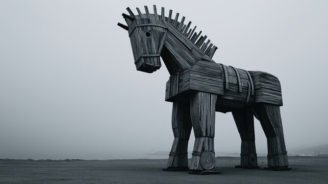 Cheval de Troie en bois sculpt&eacute; se dressant sur un paysage d&eacute;sol&eacute;