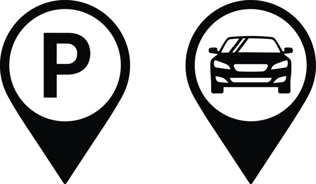Car parking map pointer icon set, location pin with letter P and vehicle symbol, automotive transportation navigation sign, flat vector.