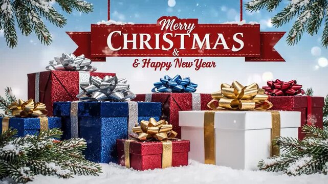Merry christmas and happy new year gifts pile in snow with pine boughs