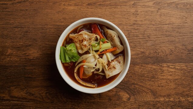 Gyoza soup featuring chicken dumplings, napa cabbage, scallions, ginger, celery, and carrots in a white bowl on a wooden table, top view with empty space