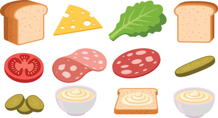 Set of sandwich ingredient icons featuring bread slices cheese lettuce tomato salami pickles and sauce in colorful flat cartoon style for food design. © Sirajul