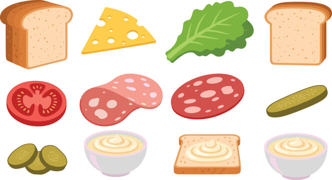 Set of sandwich ingredient icons featuring bread slices cheese lettuce tomato salami pickles and sauce in colorful flat cartoon style for food design.