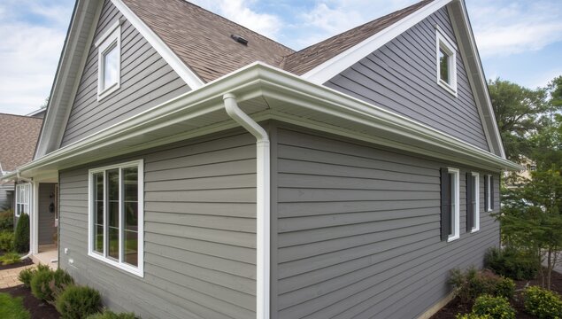Colonial white gutter guard system, soffit providing ventilation to the attic, with gray vinyl horizontal siding at a luxury American single family home neighborhood USA