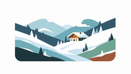 Naklejka premium Cozy cabin nestled in a serene, snow-covered mountain landscape