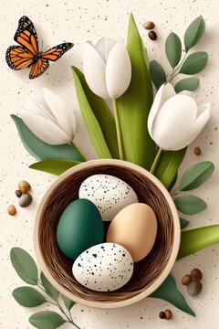 Easter banner with white tulips, speckled eggs in a nest and a monarch butterfly for spring