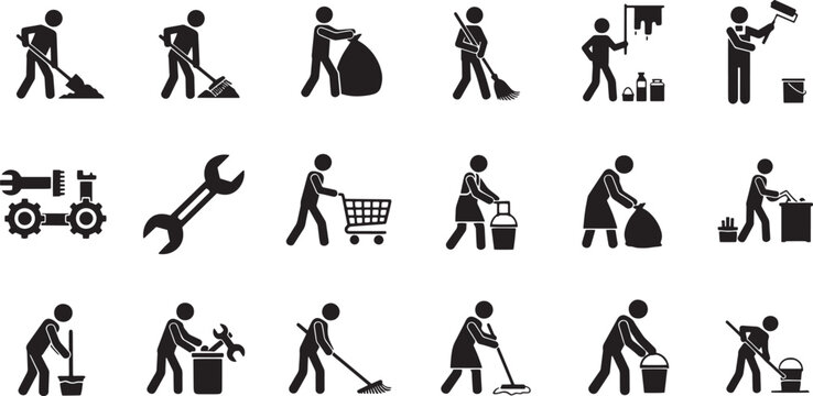 Essential vector icon set illustrating various cleaning, maintenance, and labor tasks for diverse professional and domestic service applications, highlighting efficiency and routine work