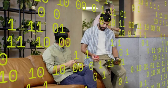 Eating man gesturing and starting office break chat, peer glancing tablet, binary overlay floating