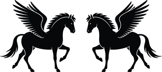 Pegasus winged horse silhouettes facing each other, mythical creature artwork, fantasy illustration, symmetrical design, flying horse concept, legendary animal vector drawing © MDMAHOMUDUL
