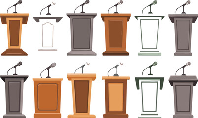 podium and lectern vector set featuring various wooden and metal speaker stands with microphones for press conferences and presentations, © Md