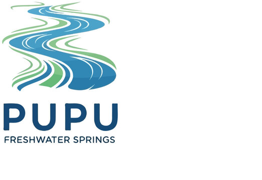 Stylized blue and green river flowing over the words "Pupu Freshwater Springs