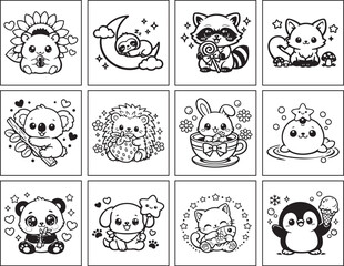 Fototapeta premium Cute kawaii animal coloring pages bundle set of adorable cartoon baby animals line art vector illustration for kids activity book