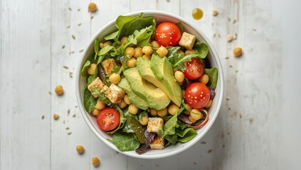 Fototapeta na wymiar Healthy salad bowl with chick pea, tomatoes, tofu, avocado, greens on light background top view