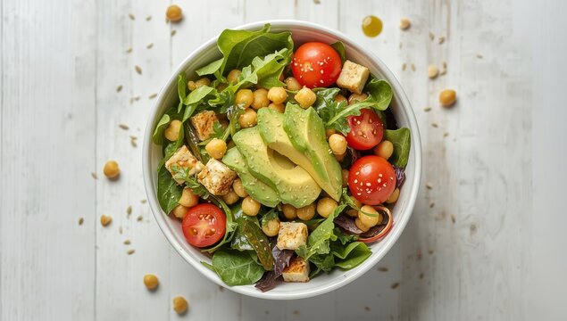 Healthy salad bowl with chick pea, tomatoes, tofu, avocado, greens on light background top view