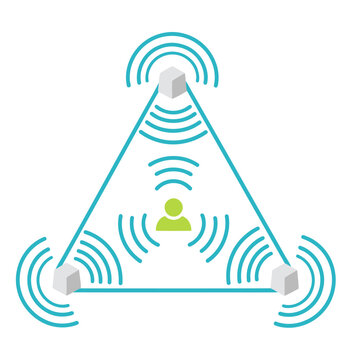 Signal triangulation GPS schematic illustrates location tracking using multiple base stations. A clear, modern graphic showcasing technology and spatial awareness.