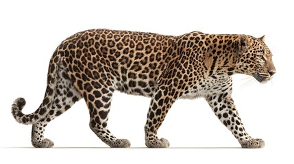 Naklejka premium Majestic Leopard Walking Gracefully on a White Background Full Body Shot.